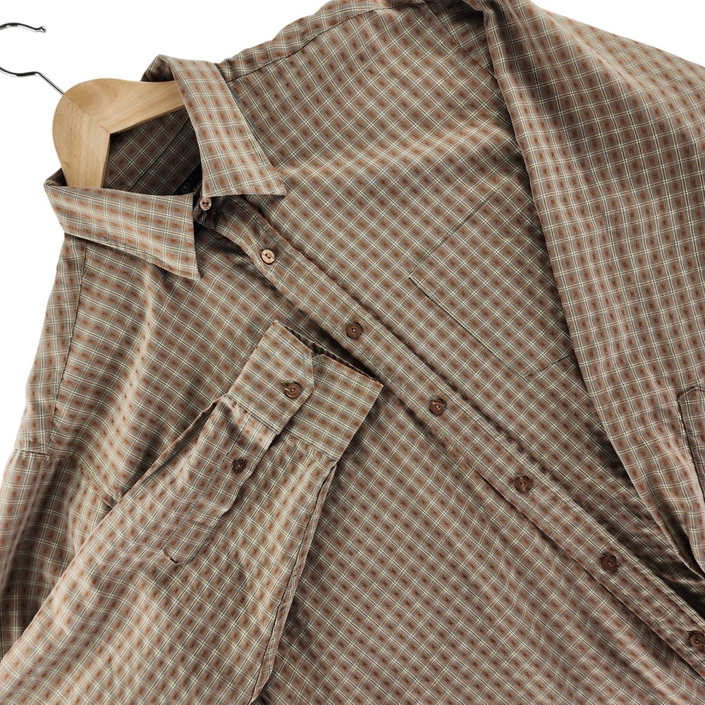 Plaid Button Down Shirt Mens L Brown Tan Long Sleeve Casual Woven Pocket
